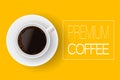 Premium Coffee. A cup of coffee, top view. Vector isolated  illustration on yelow background. Royalty Free Stock Photo